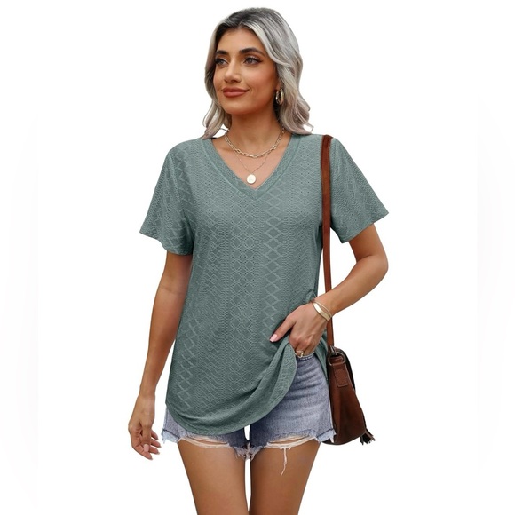 V-Neck Olive Green Short Sleeve Shirt - Picture 2 of 6